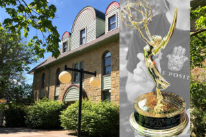 Emmy held in front of Pulliam Hall.