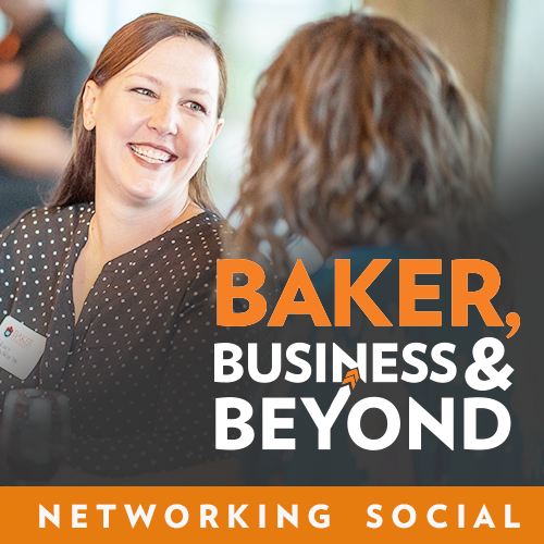 Baker, Business & Beyond networking ad with woman smiling