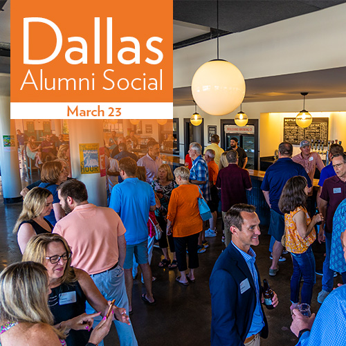 Dallas alumni social poster with people congregating in the background