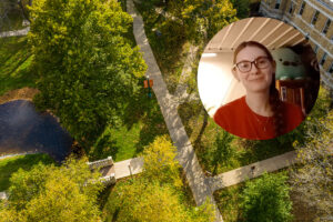 Head shot of student on a background of a drone shot of campus