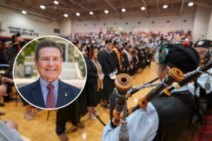 Closeup of a bagpiper in front of the graduates assembled in Collins Gym. Photo of Skip Kalb is superimposed on the photo.