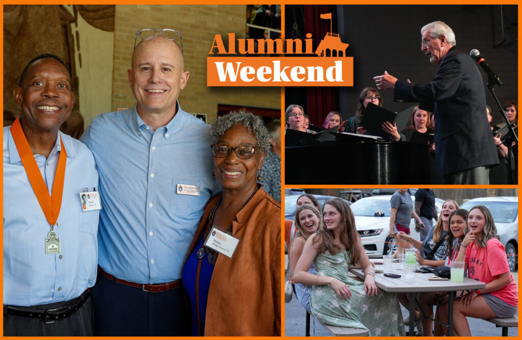 Collage including Harold and Denice Jackson with Doug Barth, Dr.John Buehler leading the choir, and a group of young alumni at a picnic table.
