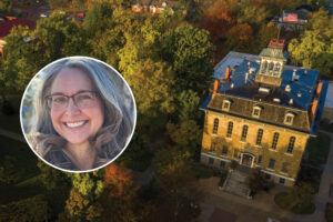 head shot of Dr. Cassy Bailey over a drone shot of Parmenter Hall and leafy trees